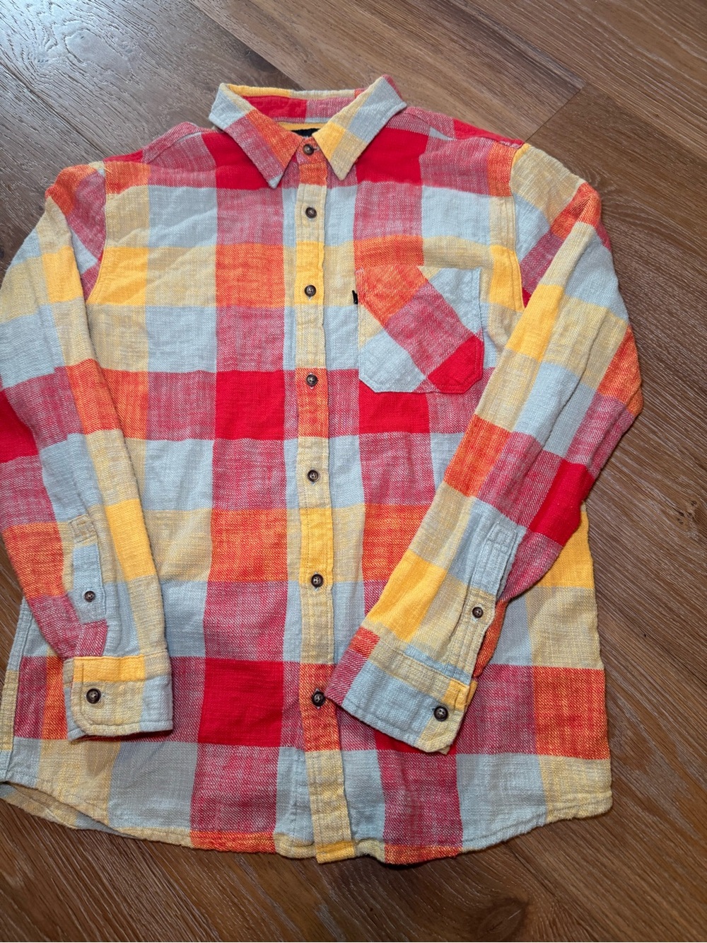 Junk Food Clothing Plaid Button-Down Shirt in Red, Yellow, and Light Blue